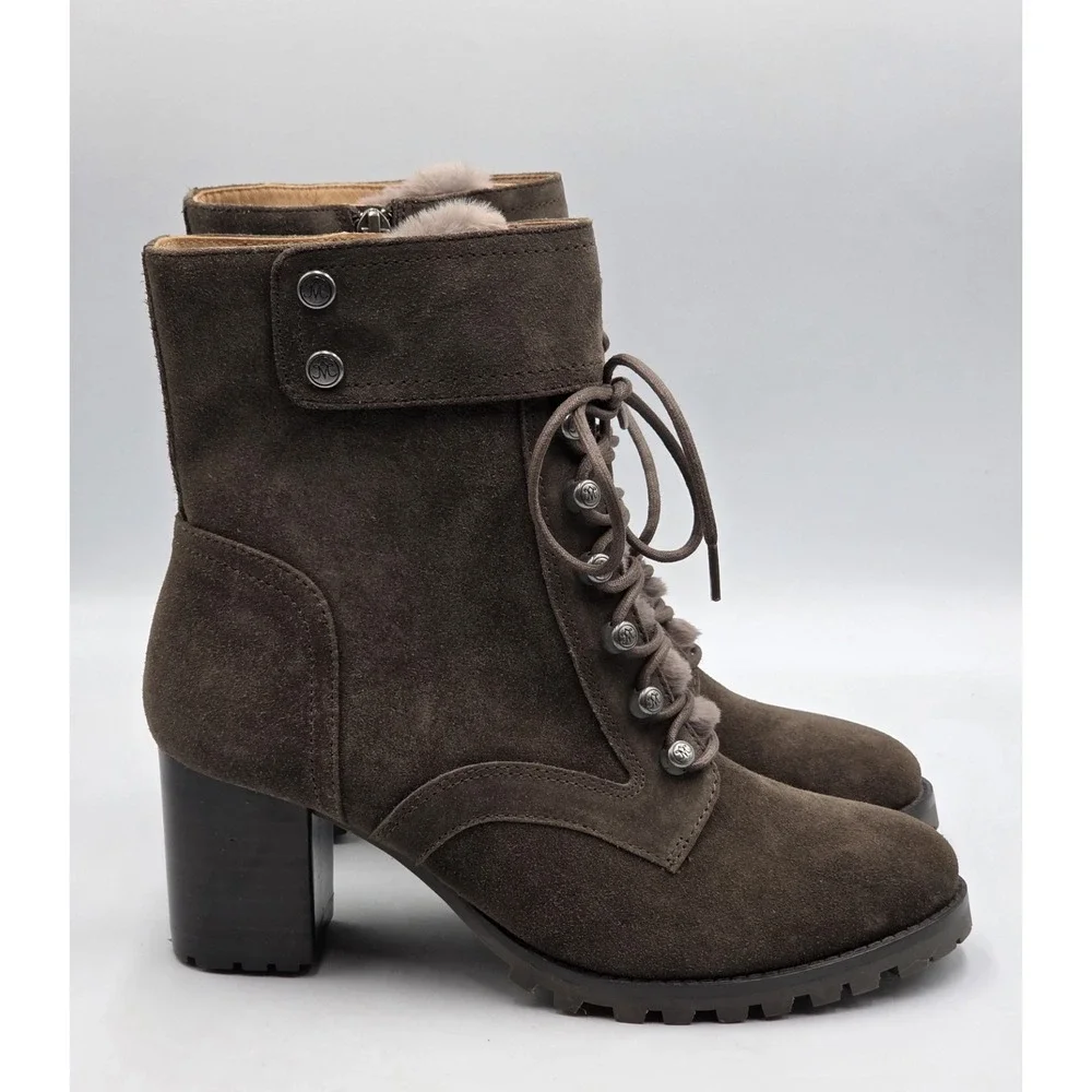 Johnston Murphy Suede Fur Lined‎ Lace Up Block Heel Ankle Boots Women's 8.5M
